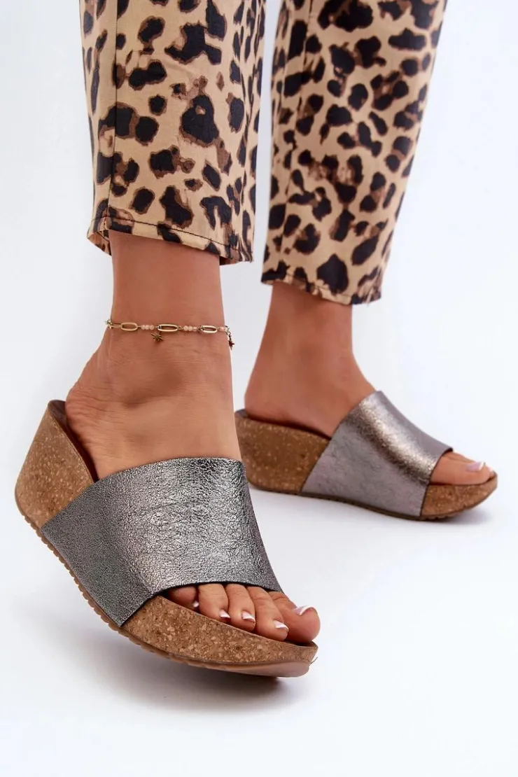 Zazoo Klapki Na Koturnie|Klapki Korkowe*40291 Skórzane Klapki Damskie Na Korkowym Koturnie Grafitowe Szary