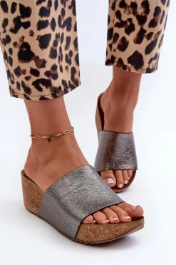 Zazoo Klapki Na Koturnie|Klapki Korkowe*40291 Skórzane Klapki Damskie Na Korkowym Koturnie Grafitowe Szary