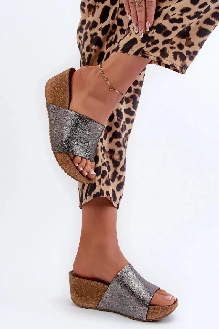 Zazoo Klapki Na Koturnie|Klapki Korkowe*40291 Skórzane Klapki Damskie Na Korkowym Koturnie Grafitowe Szary