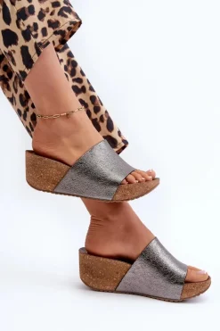 Zazoo Klapki Na Koturnie|Klapki Korkowe*40291 Skórzane Klapki Damskie Na Korkowym Koturnie Grafitowe Szary