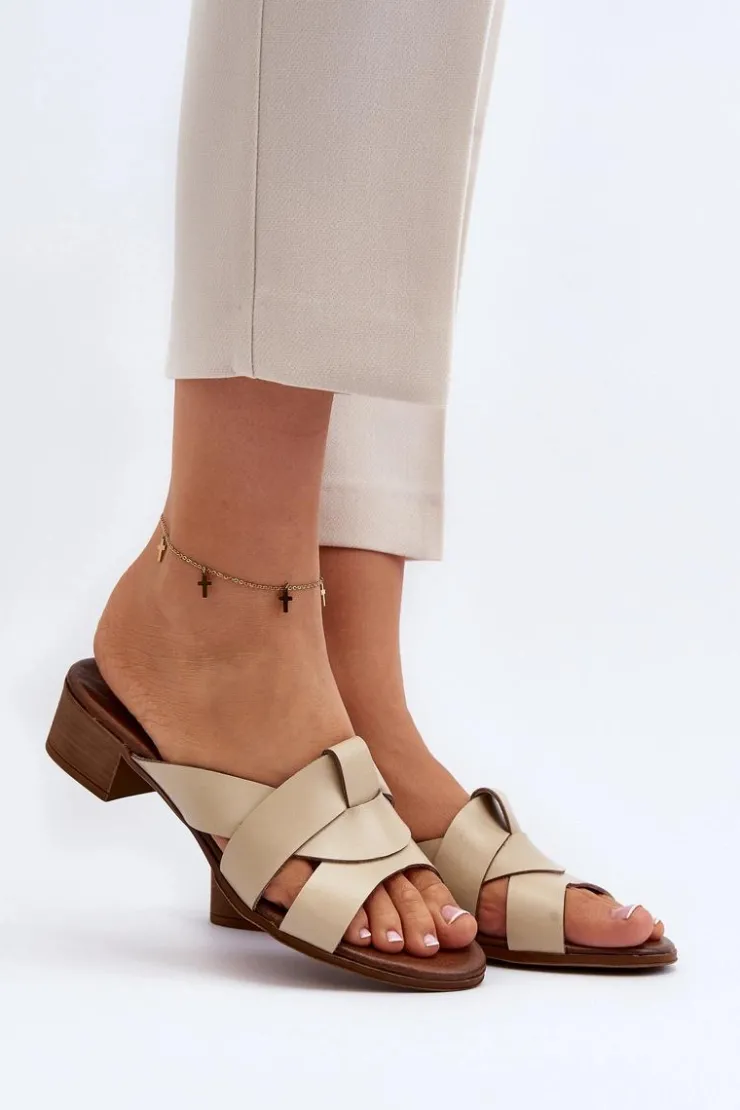 Zazoo Klapki Na Obcasie|Klapki Damskie Klasyczne*40236 Skórzane Klapki Damskie Na Niskim Obcasie Beżowe Beżowy