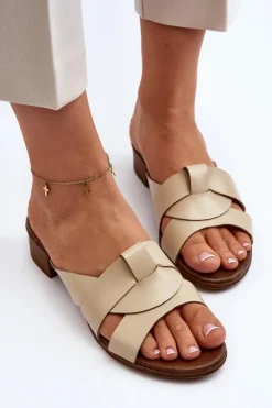 Zazoo Klapki Na Obcasie|Klapki Damskie Klasyczne*40236 Skórzane Klapki Damskie Na Niskim Obcasie Beżowe Beżowy