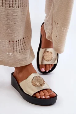 Zazoo Klapki Na Koturnie|Klapki Na Platformie*2920 Skórzane Klapki Damskie Na Koturnie Ze Złotym Detalem Złote