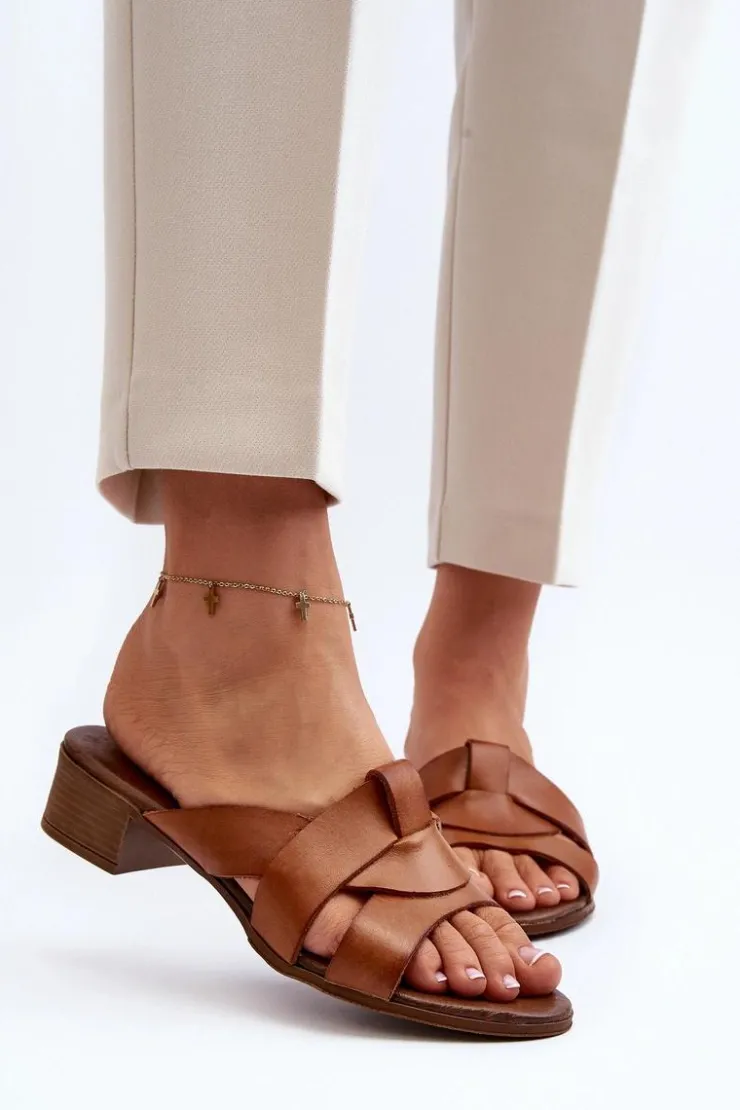 Discount Zazoo 40236 Skórzane Klapki Damskie Na Niskim Obcasie Brązowe