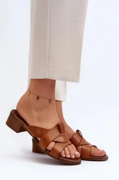 Discount Zazoo 40236 Skórzane Klapki Damskie Na Niskim Obcasie Brązowe