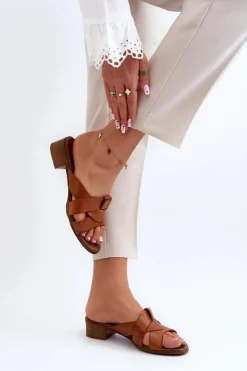 Discount Zazoo 40236 Skórzane Klapki Damskie Na Niskim Obcasie Brązowe