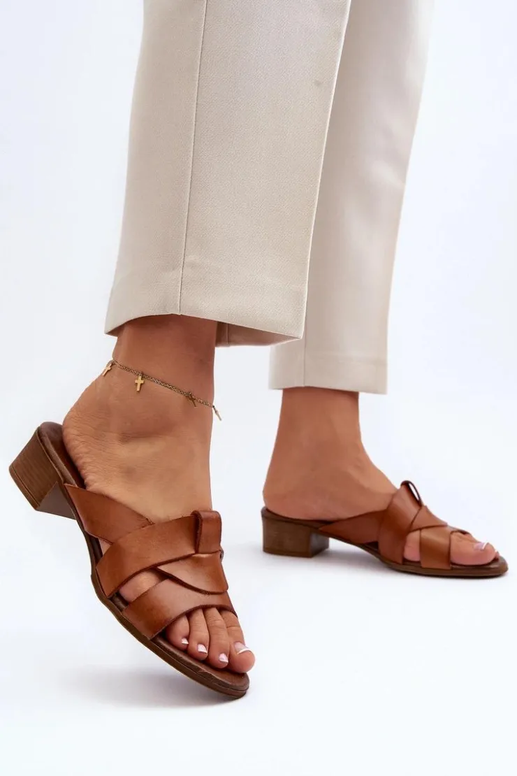 Discount Zazoo 40236 Skórzane Klapki Damskie Na Niskim Obcasie Brązowe