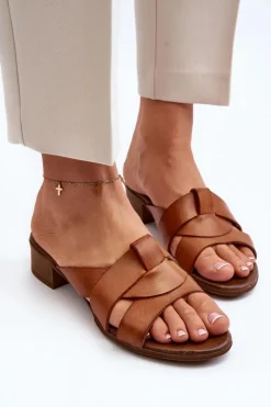 Discount Zazoo 40236 Skórzane Klapki Damskie Na Niskim Obcasie Brązowe