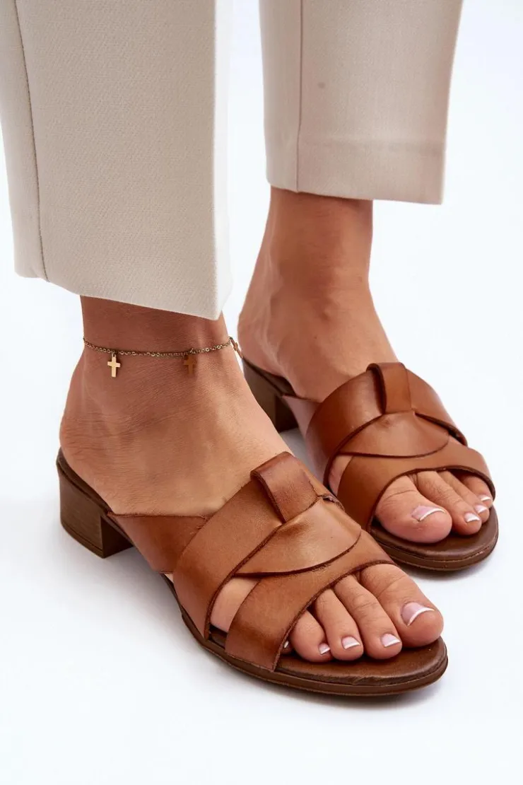 Discount Zazoo 40236 Skórzane Klapki Damskie Na Niskim Obcasie Brązowe