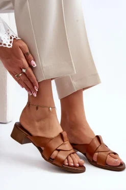 Discount Zazoo 40236 Skórzane Klapki Damskie Na Niskim Obcasie Brązowe