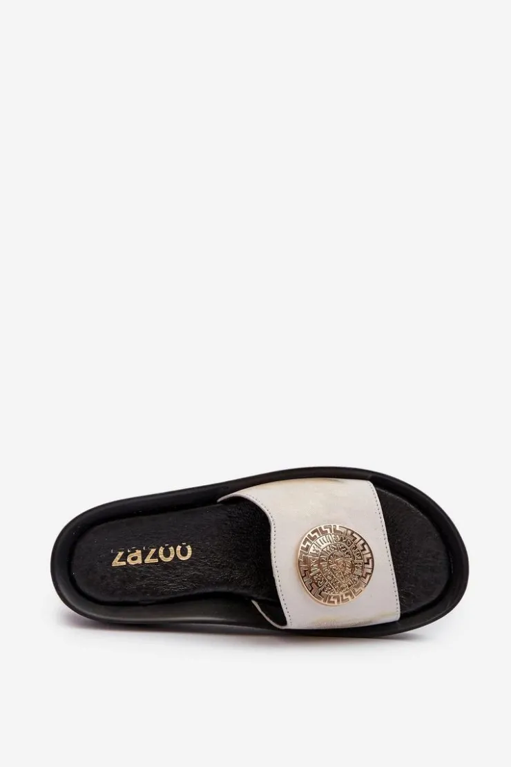 Discount Zazoo 2920 Skórzane Klapki Damskie Na Koturnie Ze Złotym Detalem Złoty Przecierany