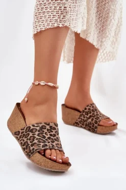 Damskie Zazoo 40289 Skórzane Klapki Damskie Na Korkowym Koturnie Panterka