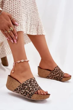 Damskie Zazoo 40289 Skórzane Klapki Damskie Na Korkowym Koturnie Panterka