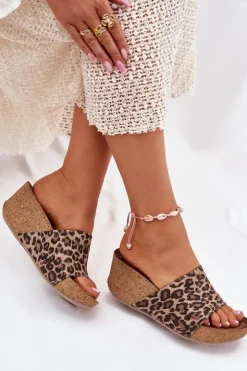 Damskie Zazoo 40289 Skórzane Klapki Damskie Na Korkowym Koturnie Panterka