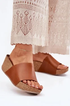 Zazoo Klapki Na Koturnie|Klapki Korkowe*40291 Skórzane Klapki Damskie Na Korkowym Koturnie Brązowe