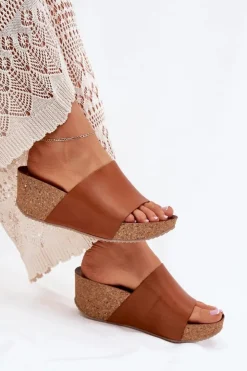 Zazoo Klapki Na Koturnie|Klapki Korkowe*40291 Skórzane Klapki Damskie Na Korkowym Koturnie Brązowe