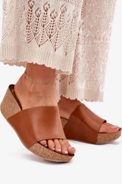 Zazoo Klapki Na Koturnie|Klapki Korkowe*40291 Skórzane Klapki Damskie Na Korkowym Koturnie Brązowe