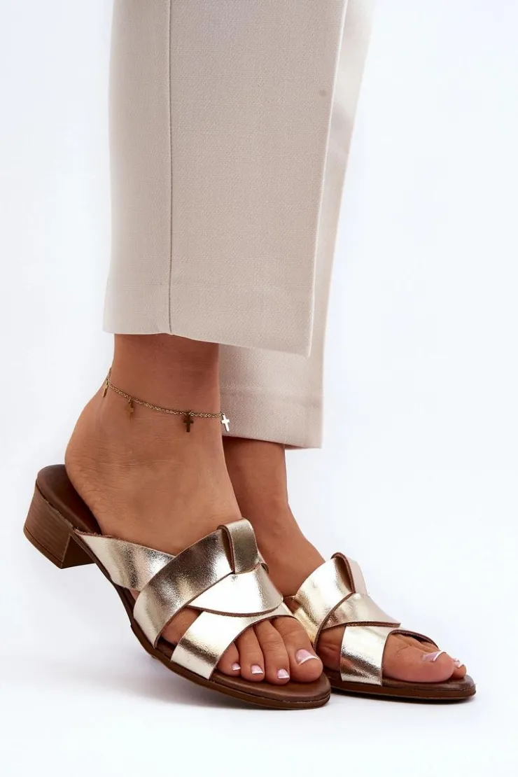 Clearance Zazoo 40236 Skórzane Klapki Damskie Na Niskim Obcasie Złote Złoty