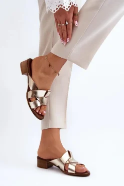 Clearance Zazoo 40236 Skórzane Klapki Damskie Na Niskim Obcasie Złote Złoty