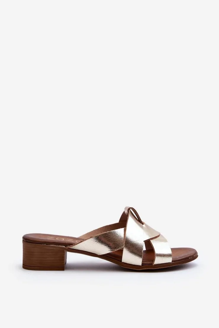 Clearance Zazoo 40236 Skórzane Klapki Damskie Na Niskim Obcasie Złote Złoty