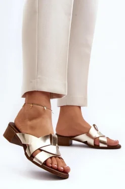 Clearance Zazoo 40236 Skórzane Klapki Damskie Na Niskim Obcasie Złote Złoty