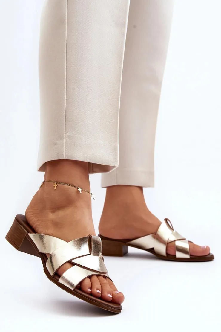 Clearance Zazoo 40236 Skórzane Klapki Damskie Na Niskim Obcasie Złote Złoty