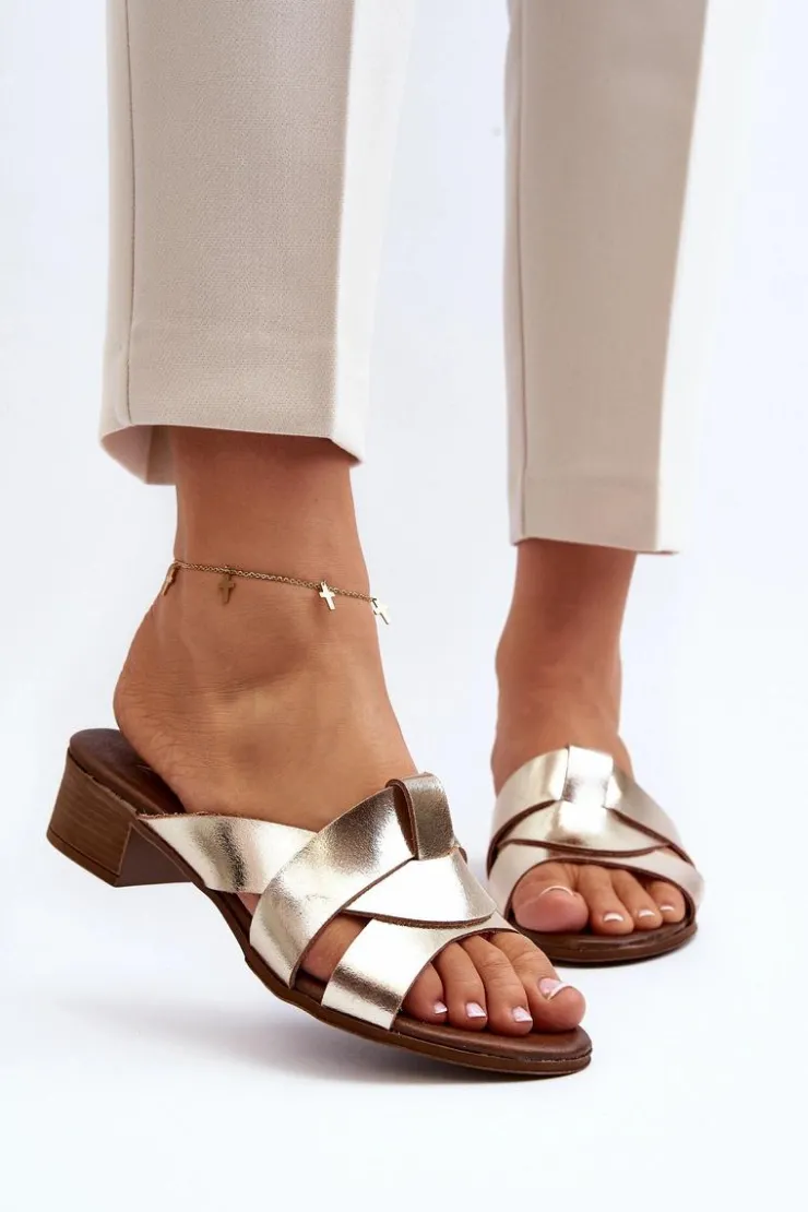 Clearance Zazoo 40236 Skórzane Klapki Damskie Na Niskim Obcasie Złote Złoty