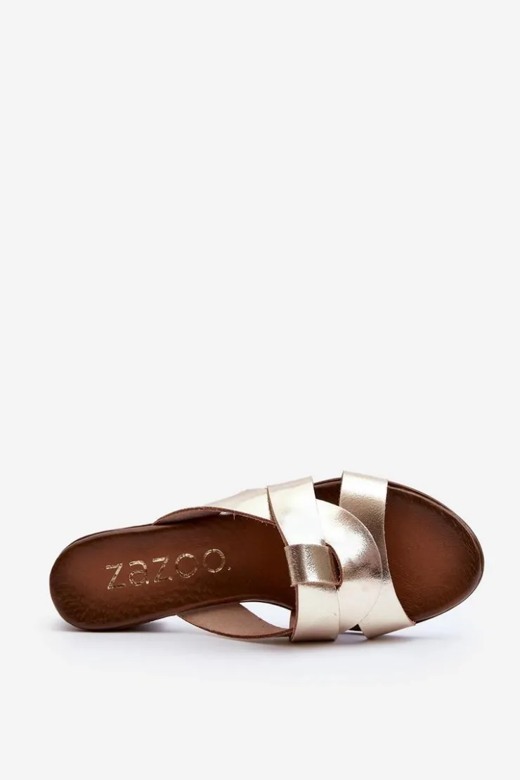 Clearance Zazoo 40236 Skórzane Klapki Damskie Na Niskim Obcasie Złote Złoty