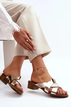 Clearance Zazoo 40236 Skórzane Klapki Damskie Na Niskim Obcasie Złote Złoty