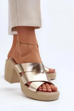 Damskie Zazoo 40373 Skórzane Klapki Na Klocku Złote