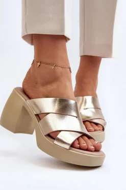 Damskie Zazoo 40373 Skórzane Klapki Na Klocku Złote