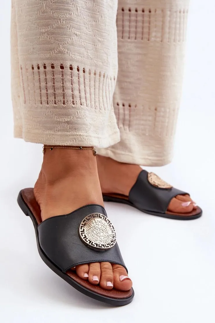 Zazoo Klapki Damskie Klasyczne*2938 Skórzane Klapki Na Płaskim Obcasie Z Ozdobą Czarne Czarny