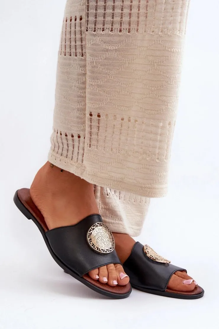 Zazoo Klapki Damskie Klasyczne*2938 Skórzane Klapki Na Płaskim Obcasie Z Ozdobą Czarne Czarny