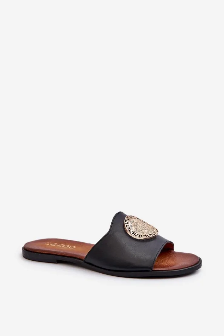 Zazoo Klapki Damskie Klasyczne*2938 Skórzane Klapki Na Płaskim Obcasie Z Ozdobą Czarne Czarny