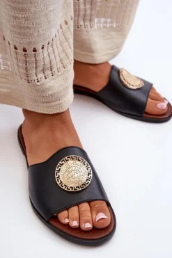 Zazoo Klapki Damskie Klasyczne*2938 Skórzane Klapki Na Płaskim Obcasie Z Ozdobą Czarne Czarny