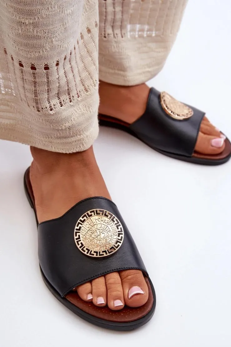 Zazoo Klapki Damskie Klasyczne*2938 Skórzane Klapki Na Płaskim Obcasie Z Ozdobą Czarne Czarny