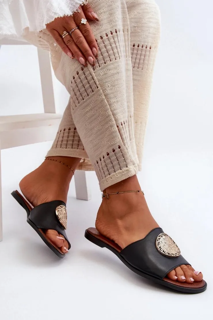 Zazoo Klapki Damskie Klasyczne*2938 Skórzane Klapki Na Płaskim Obcasie Z Ozdobą Czarne Czarny