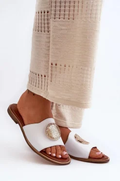 Best Zazoo 2938 Skórzane Klapki Na Płaskim Obcasie Z Ozdobą Białe Biały