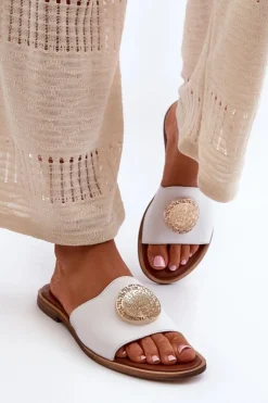 Best Zazoo 2938 Skórzane Klapki Na Płaskim Obcasie Z Ozdobą Białe Biały