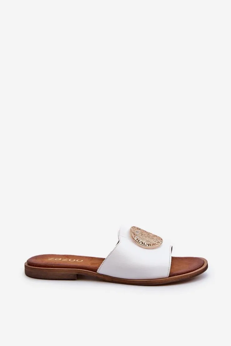 Best Zazoo 2938 Skórzane Klapki Na Płaskim Obcasie Z Ozdobą Białe Biały