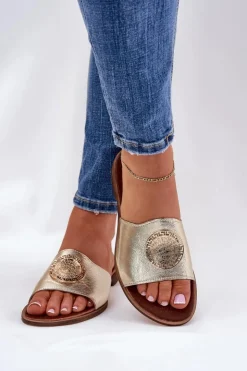 Zazoo Klapki Damskie Klasyczne*2938 Skórzane Klapki Na Płaskim Obcasie Z Ozdobą Złote Złoty