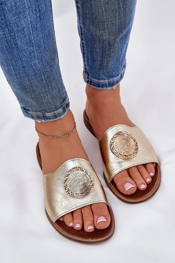 Zazoo Klapki Damskie Klasyczne*2938 Skórzane Klapki Na Płaskim Obcasie Z Ozdobą Złote Złoty