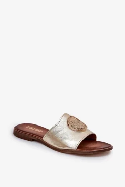 Zazoo Klapki Damskie Klasyczne*2938 Skórzane Klapki Na Płaskim Obcasie Z Ozdobą Złote Złoty