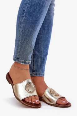 Zazoo Klapki Damskie Klasyczne*2938 Skórzane Klapki Na Płaskim Obcasie Z Ozdobą Złote Złoty