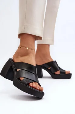 Discount Zazoo 40373 Skórzane Klapki Na Klocku Czarne Czarny