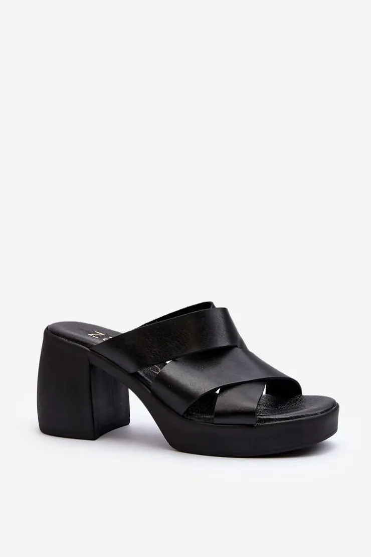 Discount Zazoo 40373 Skórzane Klapki Na Klocku Czarne Czarny