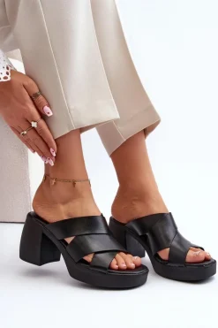 Discount Zazoo 40373 Skórzane Klapki Na Klocku Czarne Czarny