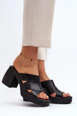 Discount Zazoo 40373 Skórzane Klapki Na Klocku Czarne Czarny