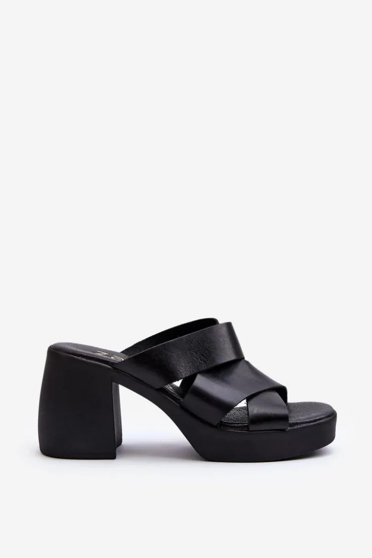 Discount Zazoo 40373 Skórzane Klapki Na Klocku Czarne Czarny