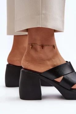 Discount Zazoo 40373 Skórzane Klapki Na Klocku Czarne Czarny